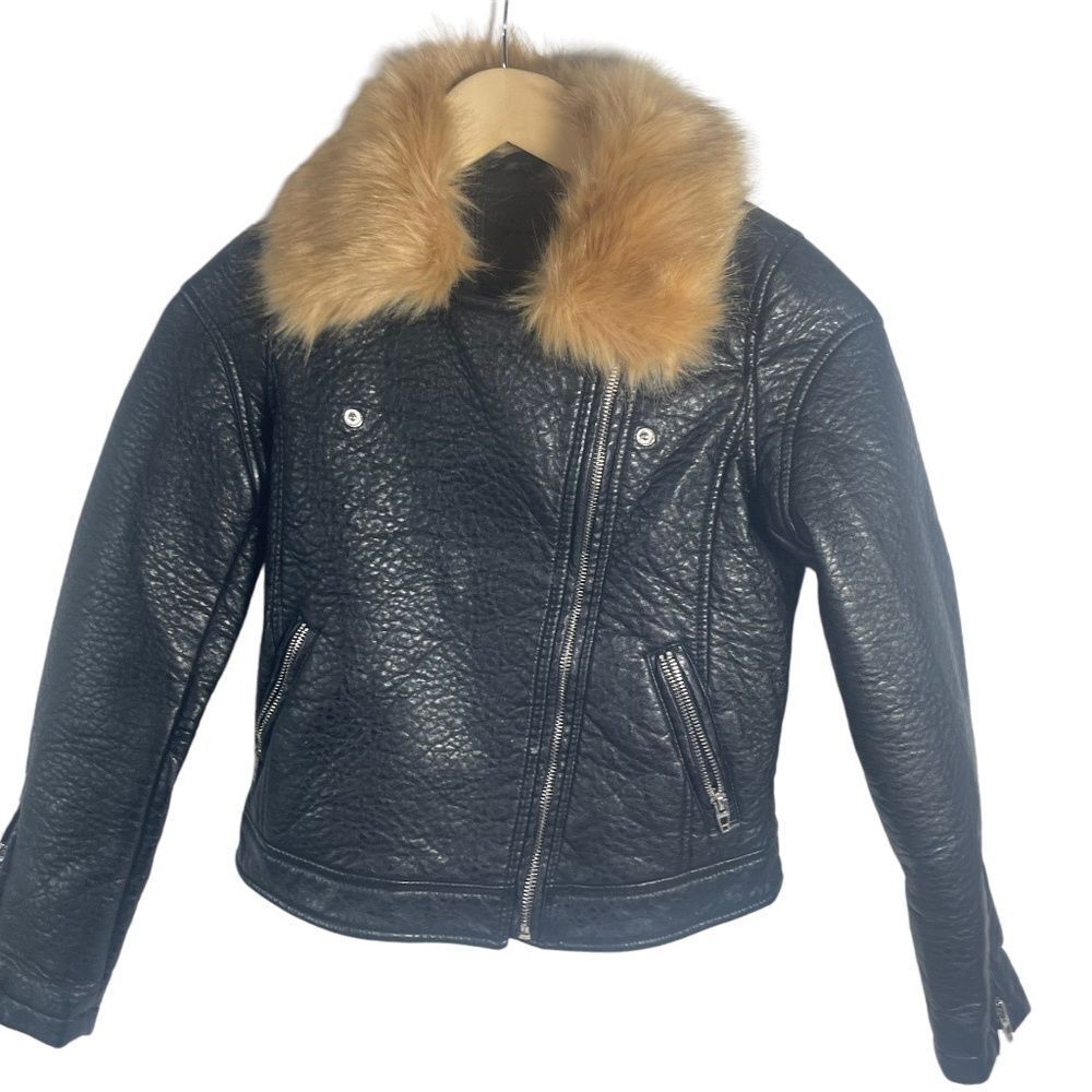 Blank NYC Black‎ Vegan Textured Leather Detachable Fur Collar Moto Jacket Sz M